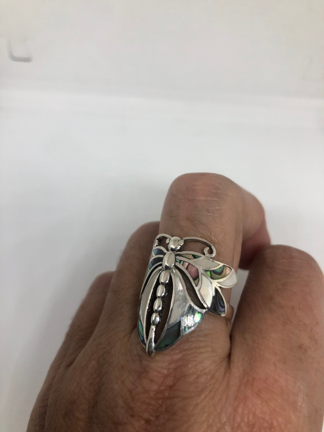 Antique Deco Mother of Pearl Abalone Dragonfly Filigree Sterling Silver Ring