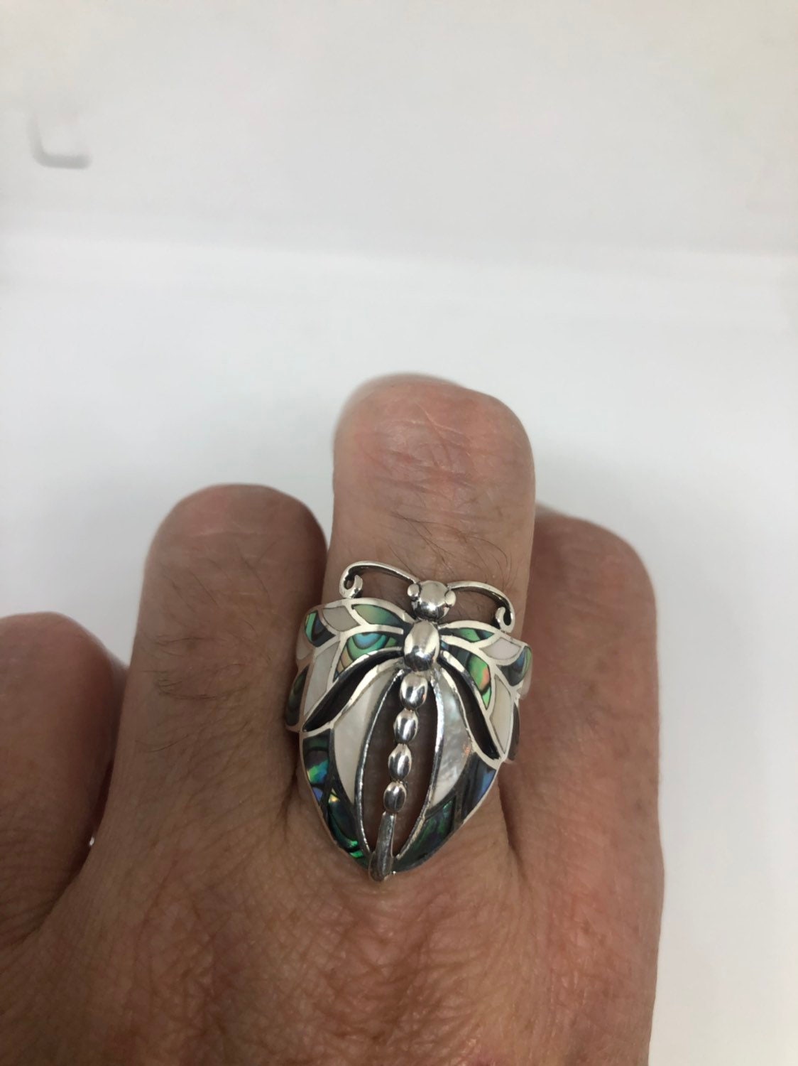 Antique Deco Mother of Pearl Abalone Dragonfly Filigree Sterling Silver Ring