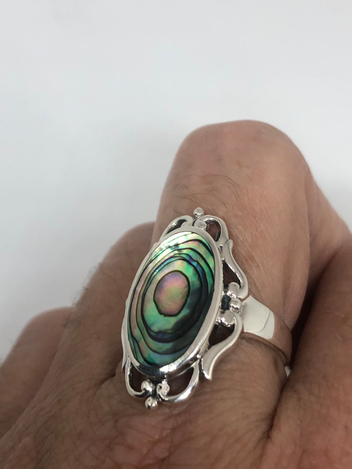 Antique Abalone Filigree Sterling Silver Ring