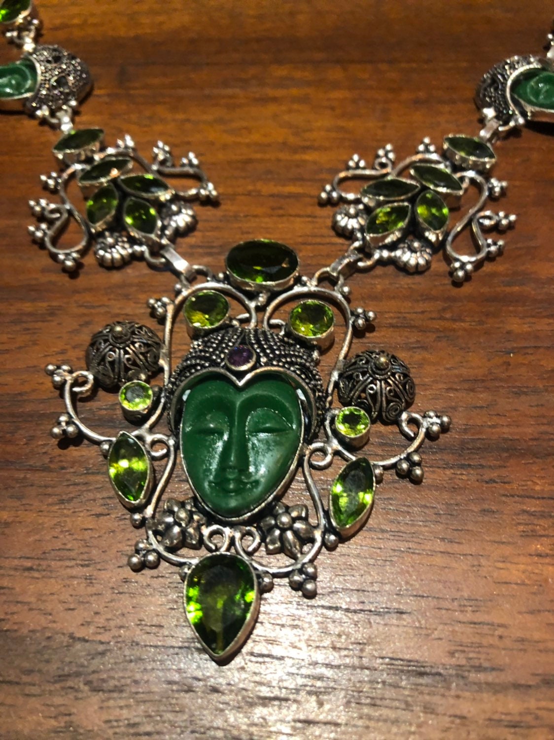 Green Handmade Gothic Styled Silver Finished Genuine Faceted Antique Volcanic Glass Choker Necklace