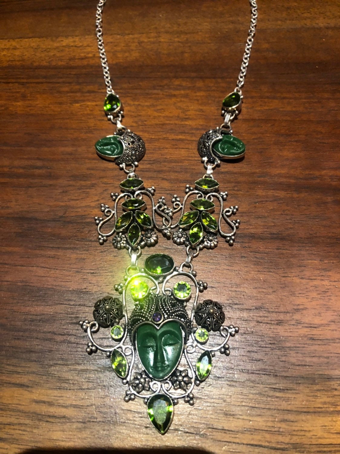 Green Handmade Gothic Styled Silver Finished Genuine Faceted Antique Volcanic Glass Choker Necklace