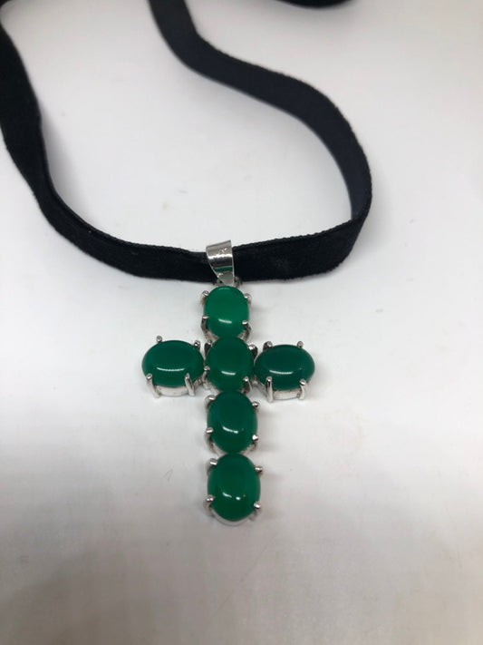 Vintage Green Onyx 925 Sterling Silver cross Necklace Choker