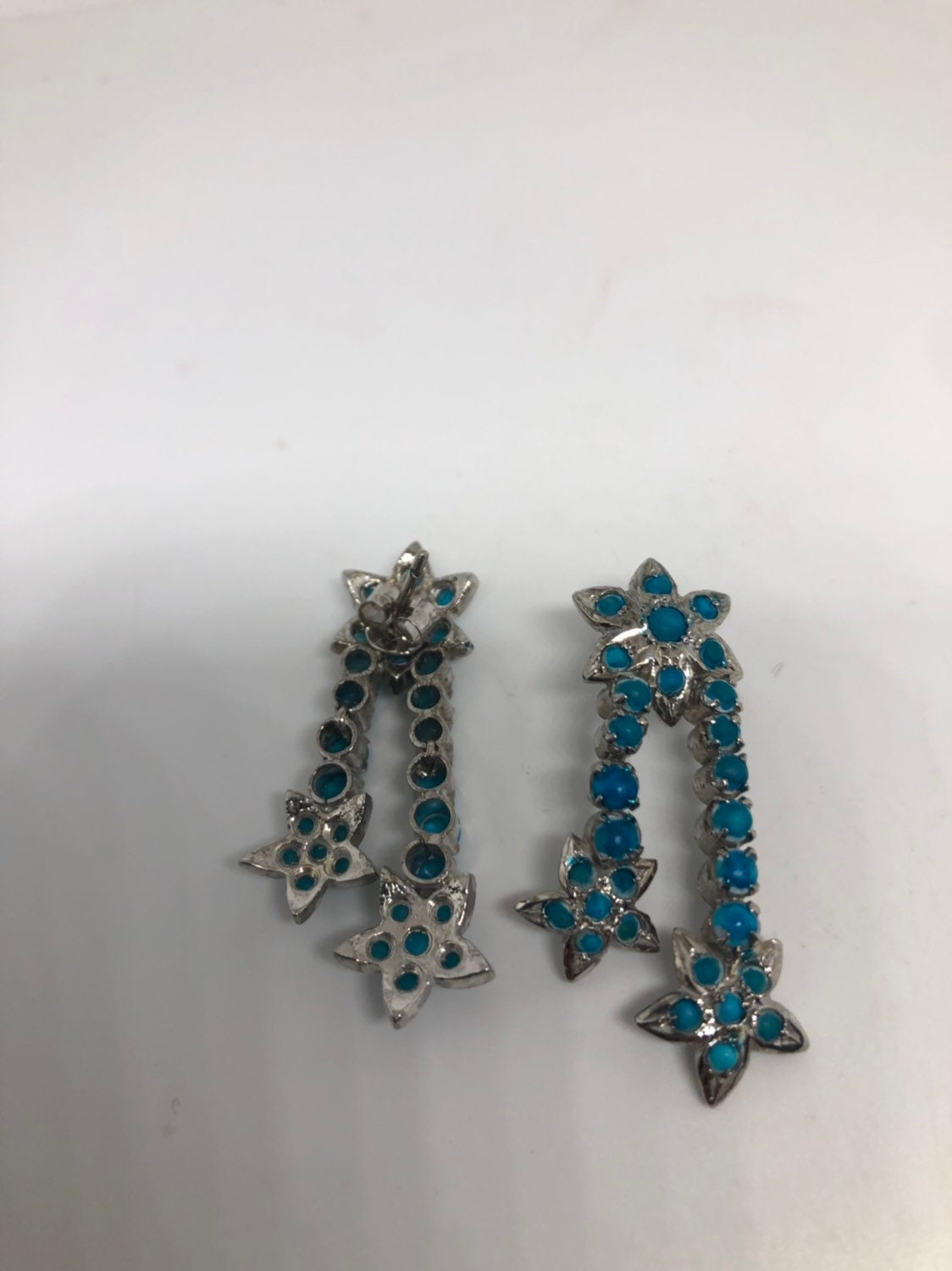 Vintage Turquoise Star Earrings Sterling Silver Genuine Deep Blue turquoise Dangle Chandelier