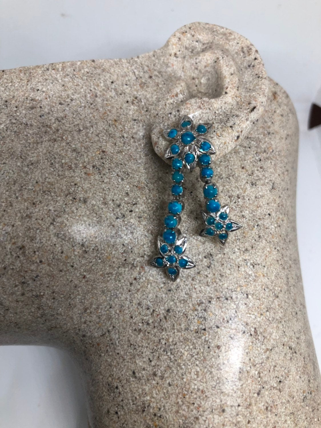 Vintage Turquoise Star Earrings Sterling Silver Genuine Deep Blue turquoise Dangle Chandelier
