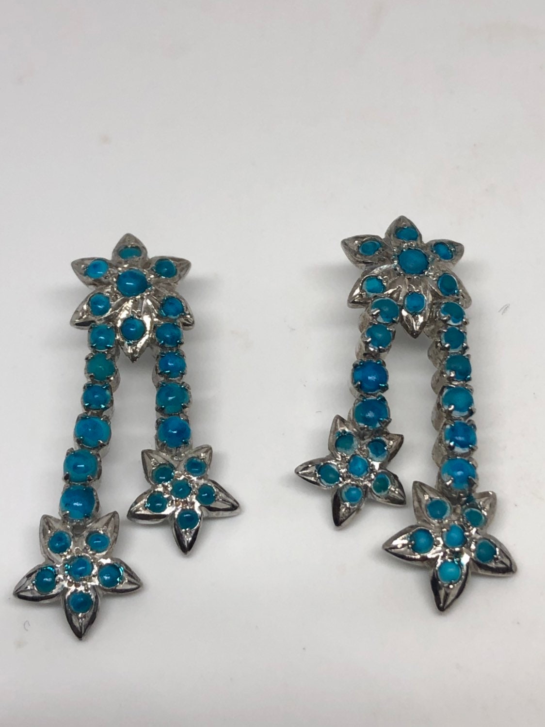 Vintage Turquoise Star Earrings Sterling Silver Genuine Deep Blue turquoise Dangle Chandelier