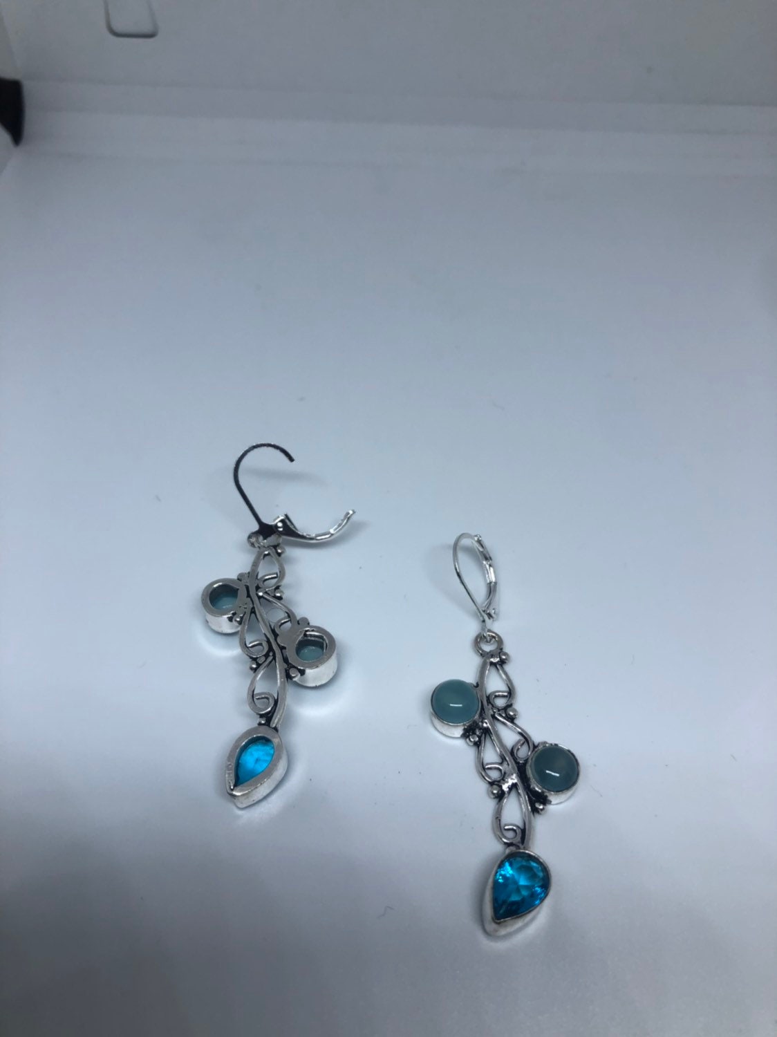 Vintage Genuine Blue Chalcedony Gemstone Filigree Sterling Silver Lever Back Chandelier Earrings