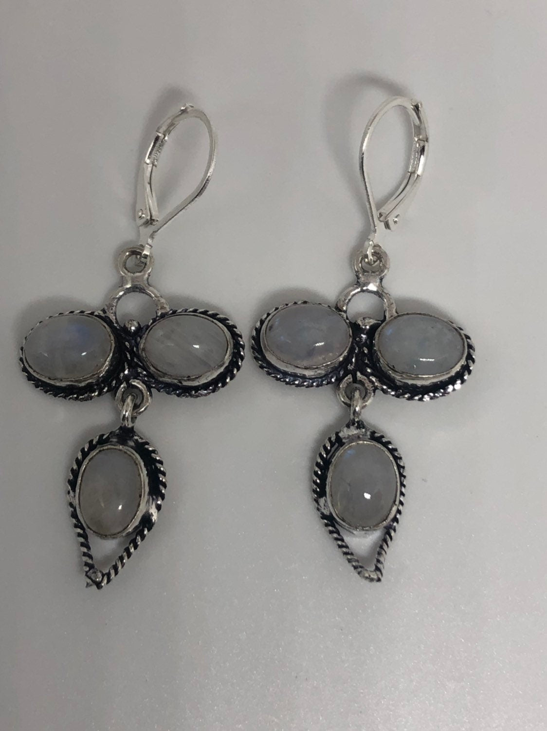 Vintage Rainbow Moonstone Sterling Silver Lever Back Dangle Earrings