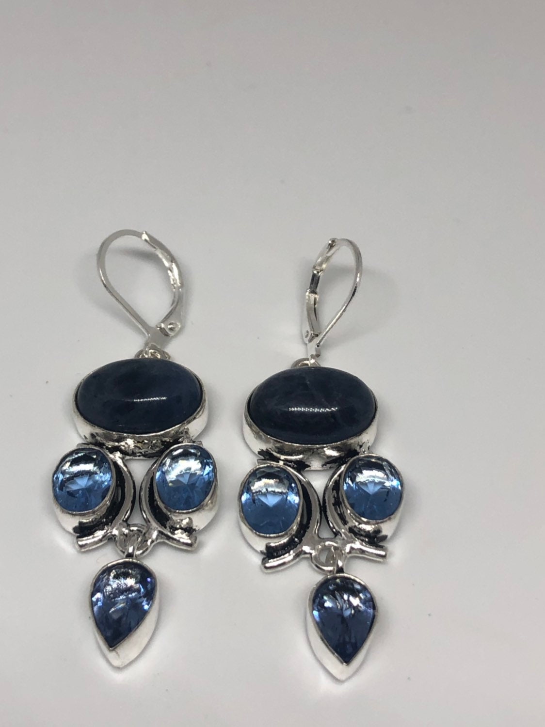 Antique Vintage Blue Lapis tones Silver Dangle Earrings