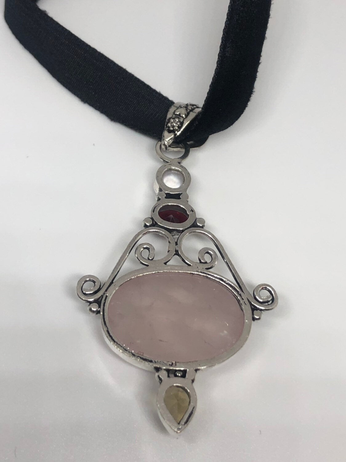 Vintage Handmade Silver Finish Rose Quartz Choker Pendant