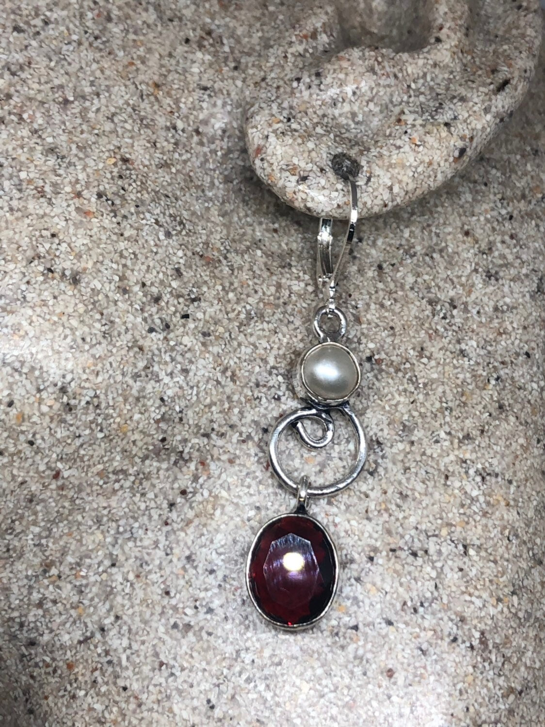 Vintage Genuine Garnet and Pearl Sterling Silver Dangle Earrings