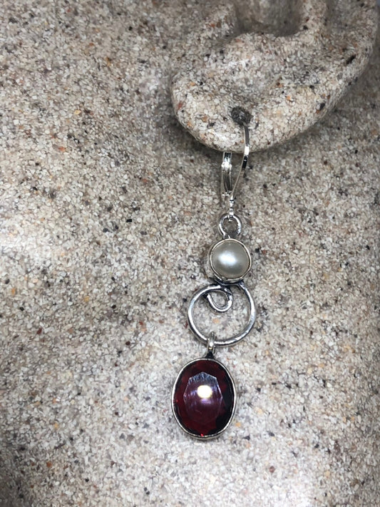 Vintage Genuine Garnet and Pearl Sterling Silver Dangle Earrings