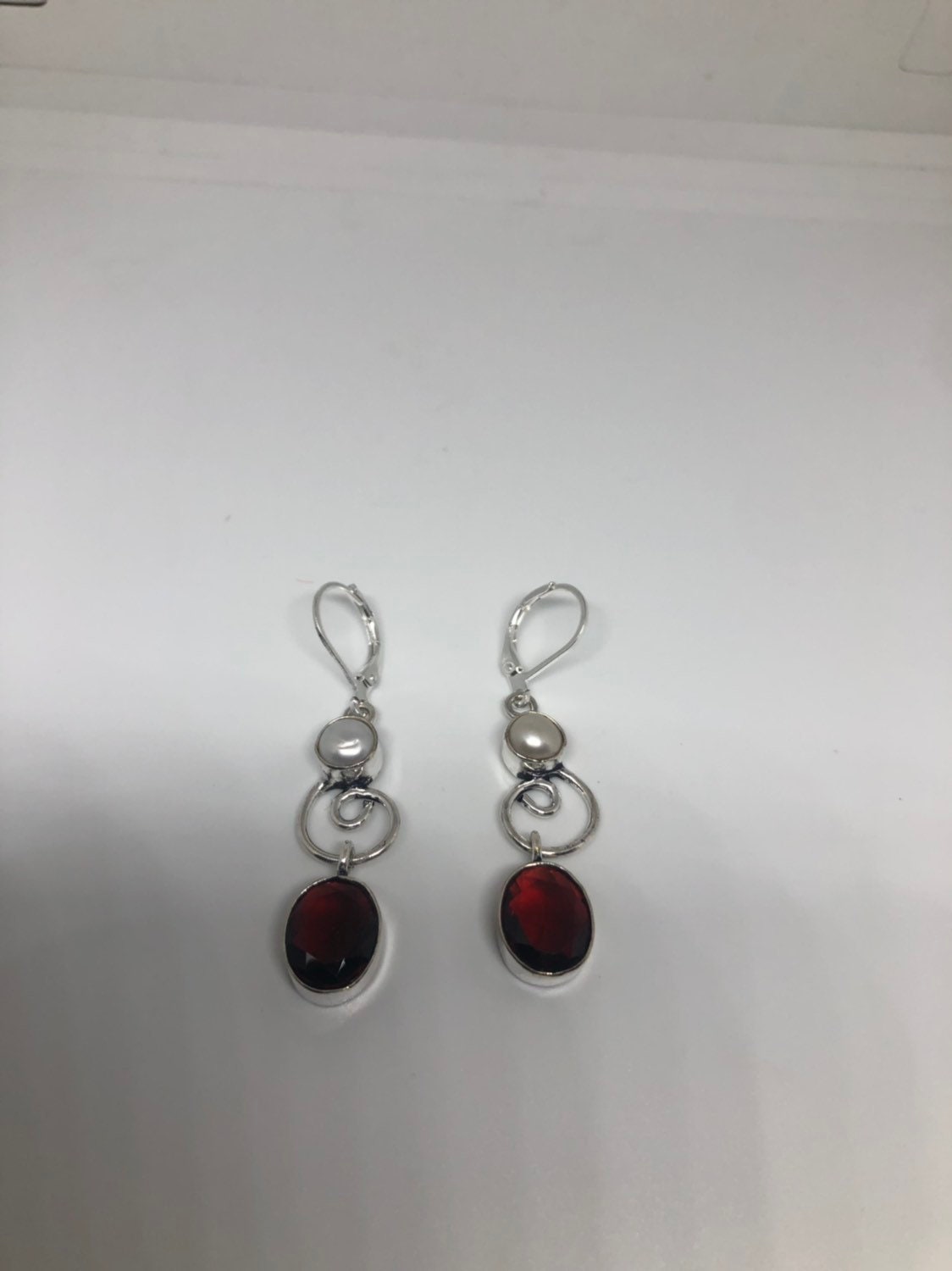 Vintage Genuine Garnet and Pearl Sterling Silver Dangle Earrings