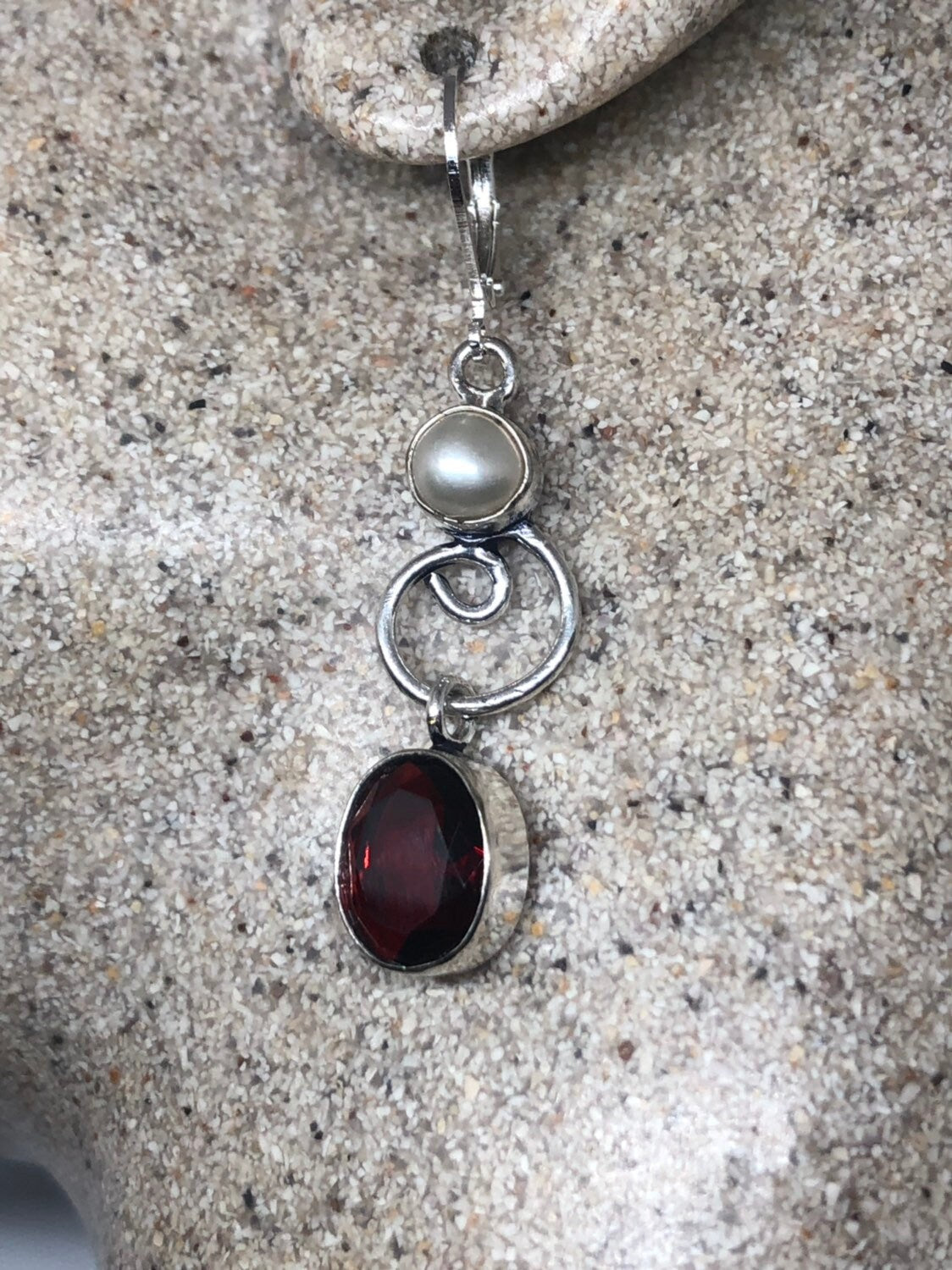 Vintage Genuine Garnet and Pearl Sterling Silver Dangle Earrings