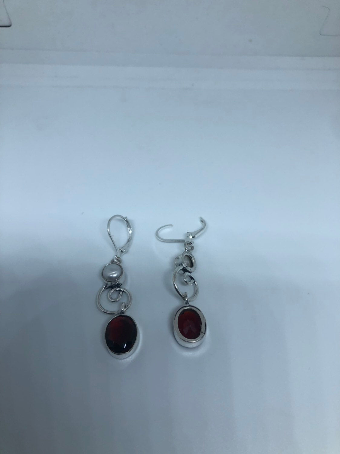 Vintage Genuine Garnet and Pearl Sterling Silver Dangle Earrings