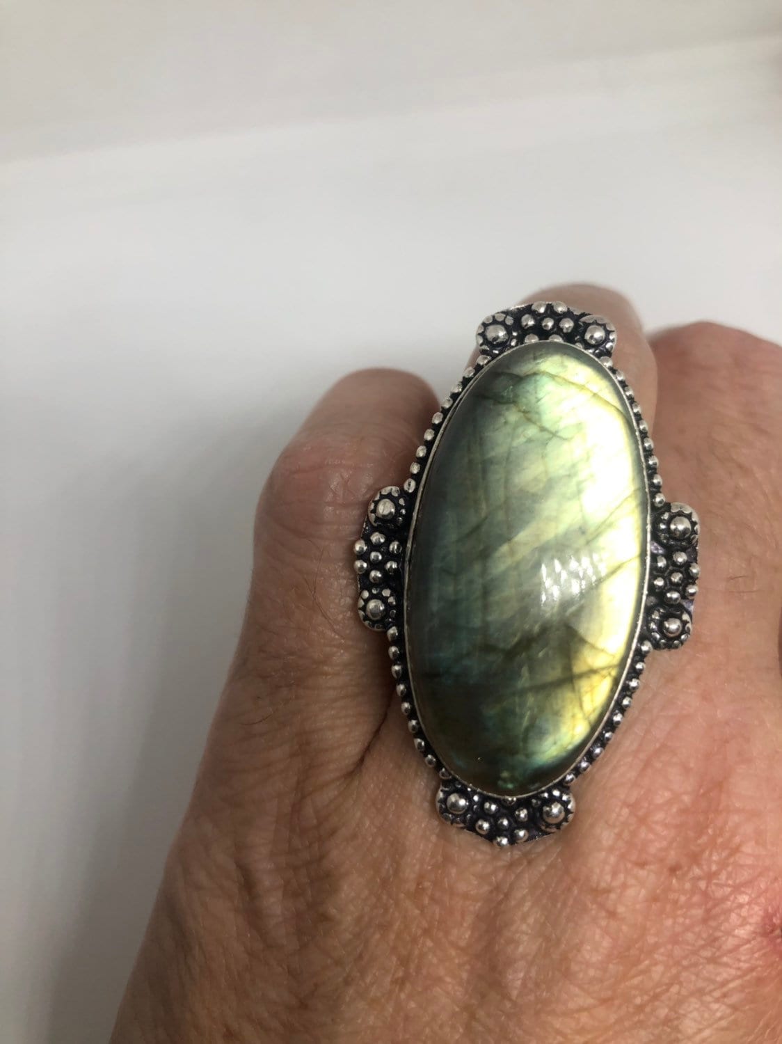 Vintage Green Labradorite Rainbow Moonstone Stone Silver Ring