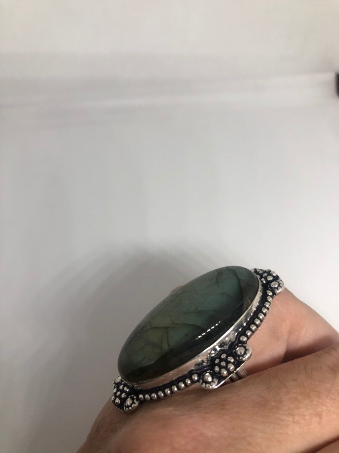 Vintage Green Labradorite Rainbow Moonstone Stone Silver Ring