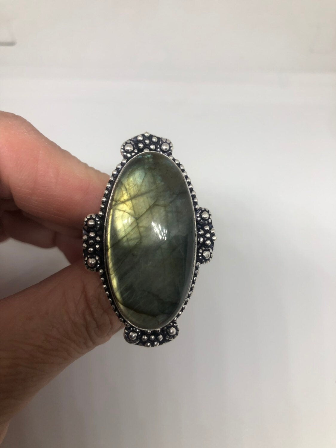 Vintage Green Labradorite Rainbow Moonstone Stone Silver Ring