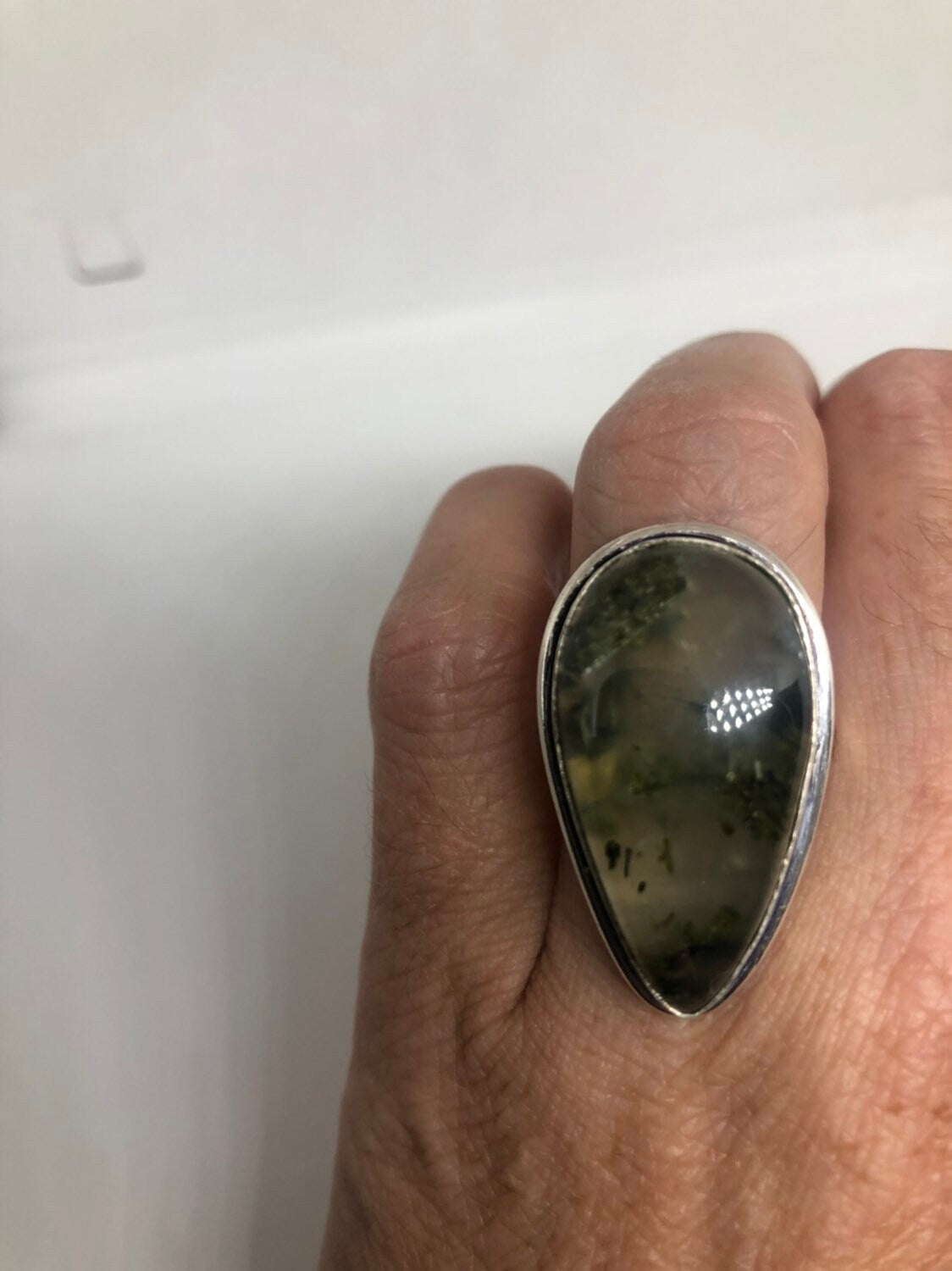 Vintage Green Moss Agate Silver Ring About an Inch Long Knuckle Ring