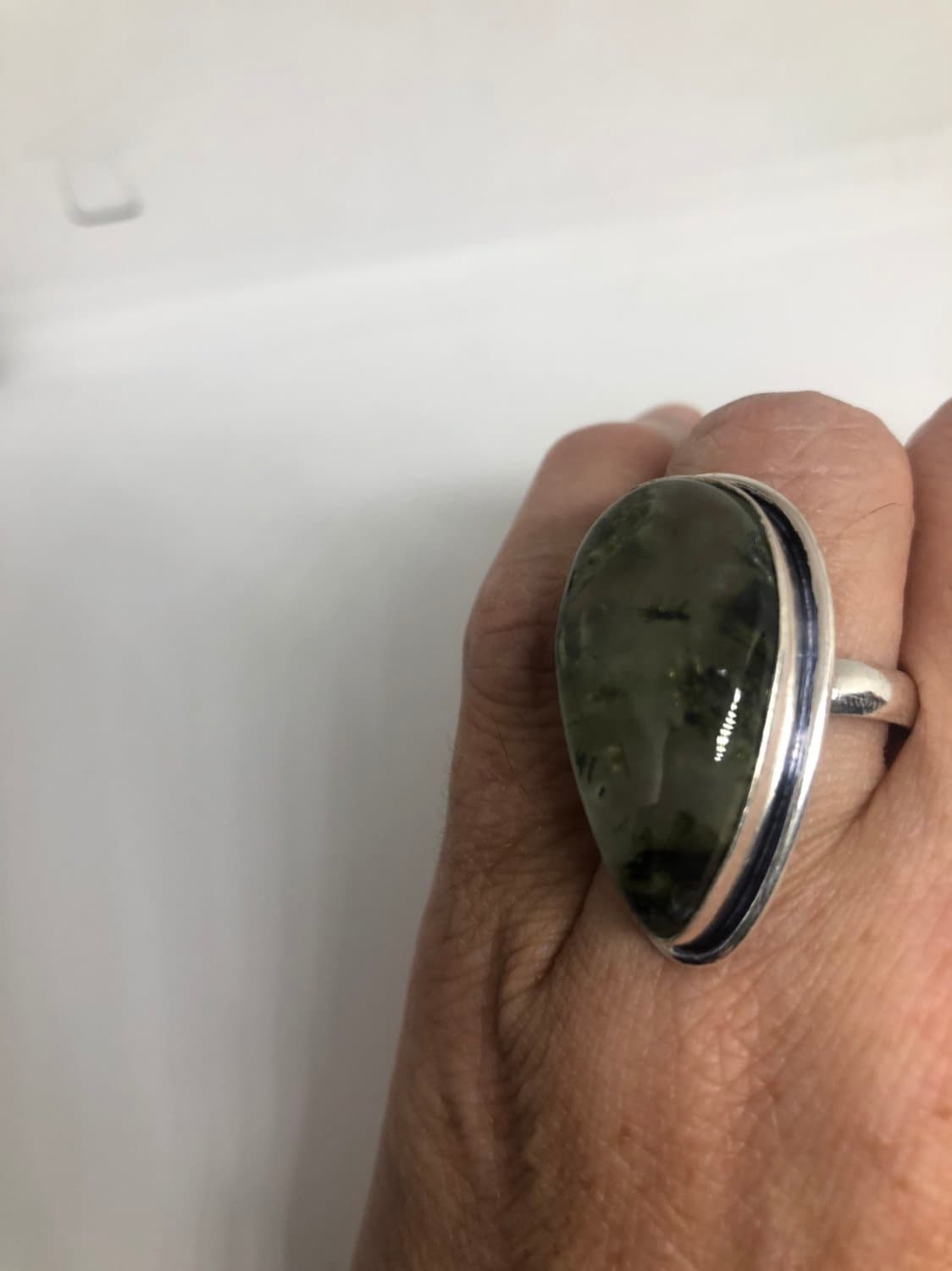 Vintage Green Moss Agate Silver Ring About an Inch Long Knuckle Ring