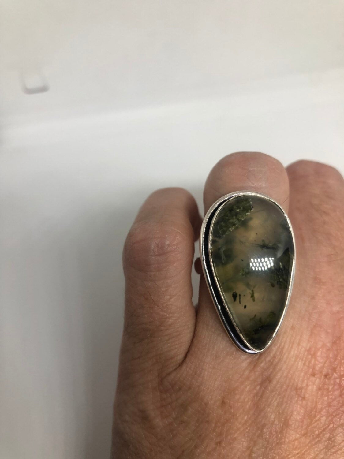 Vintage Green Moss Agate Silver Ring About an Inch Long Knuckle Ring