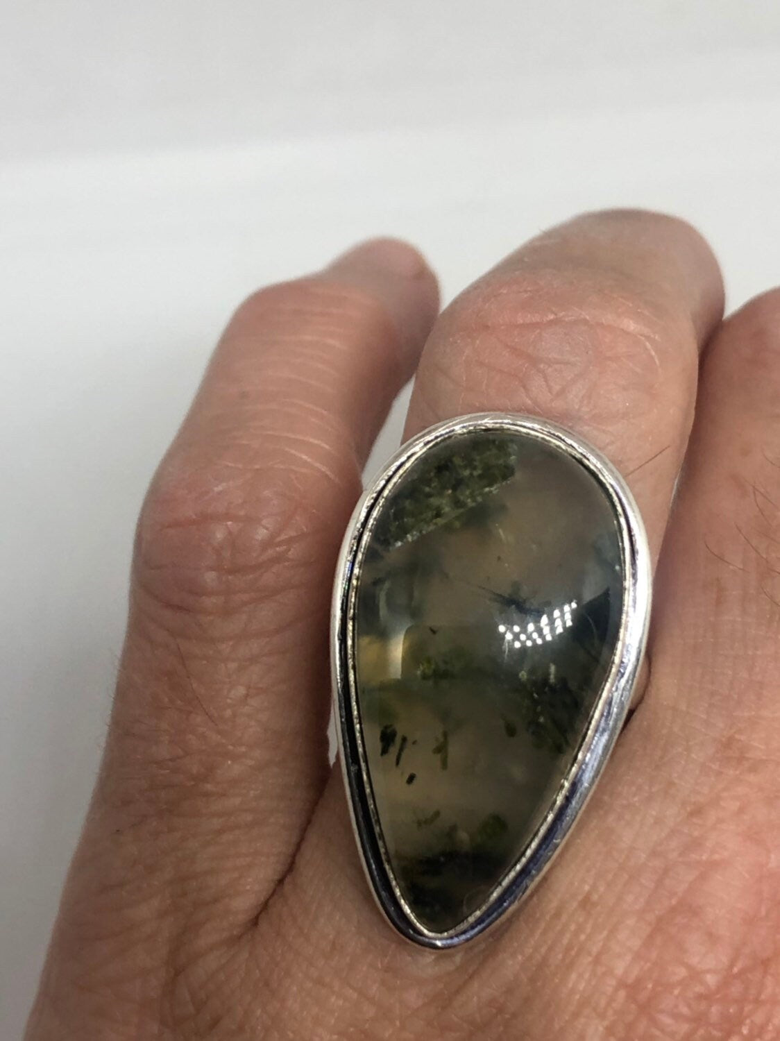 Vintage Green Moss Agate Silver Ring About an Inch Long Knuckle Ring