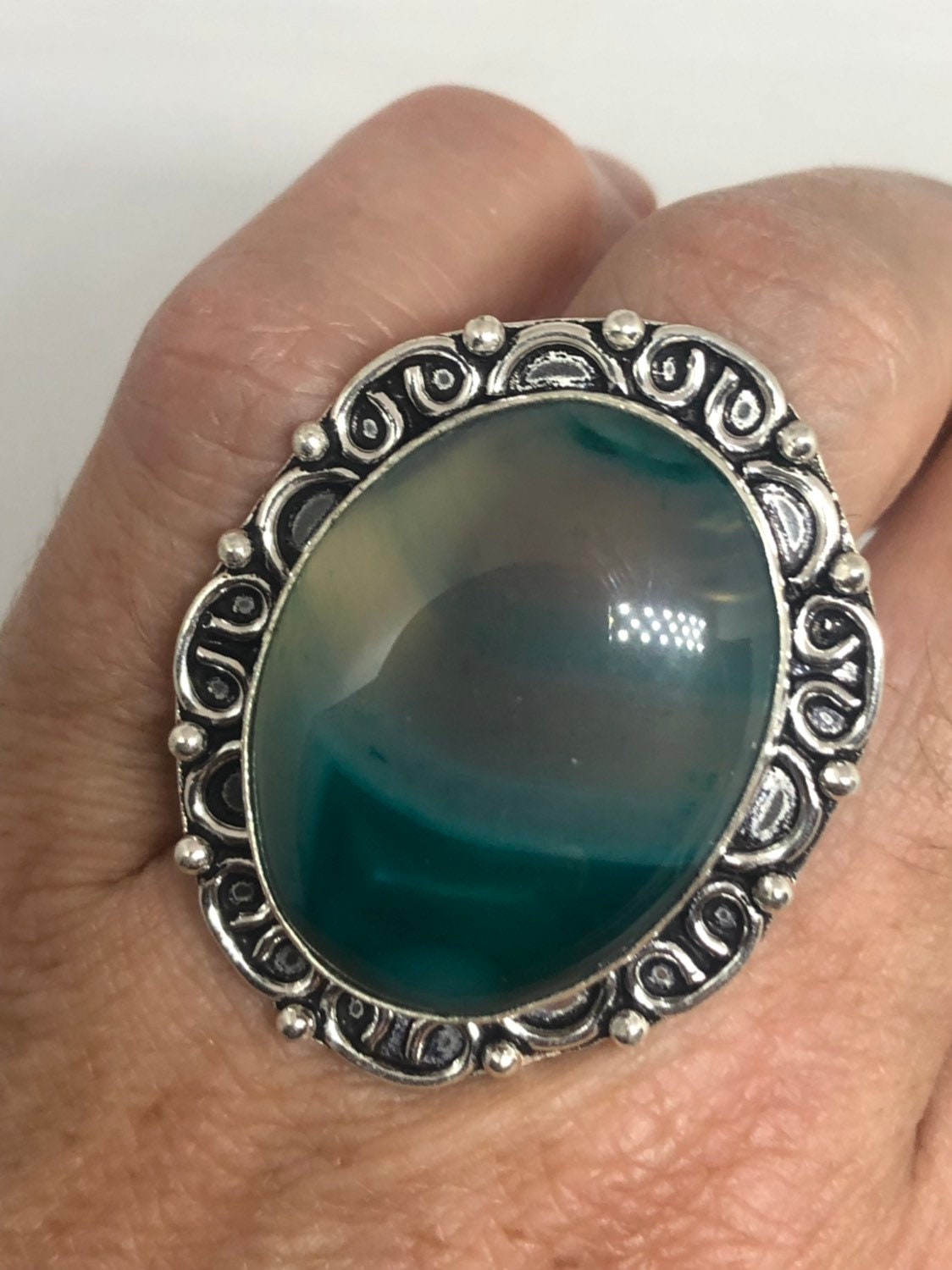 Vintage Green Agate Silver Ring About an Inch Long Knuckle Ring