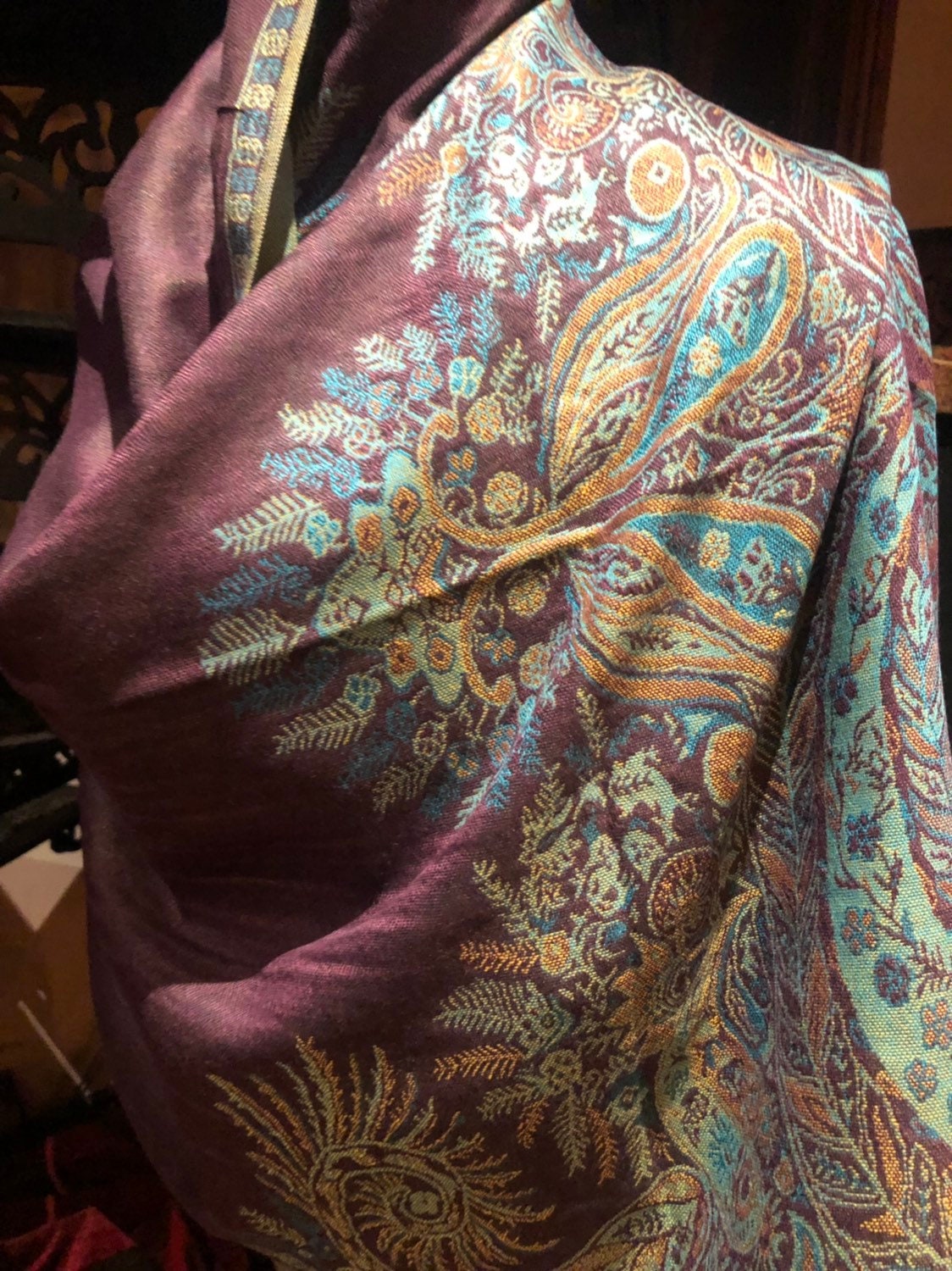 Purple Vintage Paisley Brocade Pashmina Scarf Wrap
