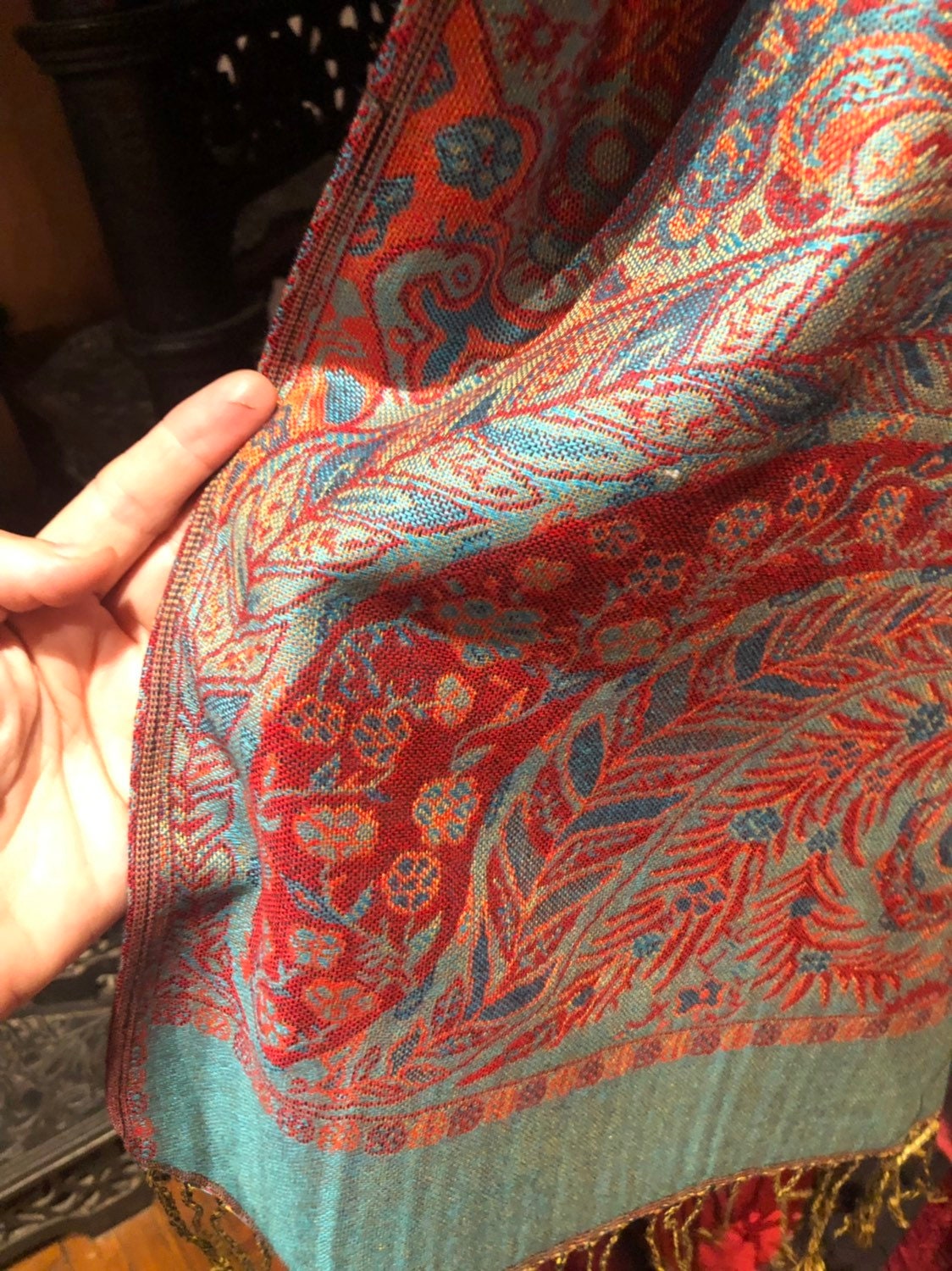 Red Vintage Paisley Brocade Pashmina Scarf Wrap