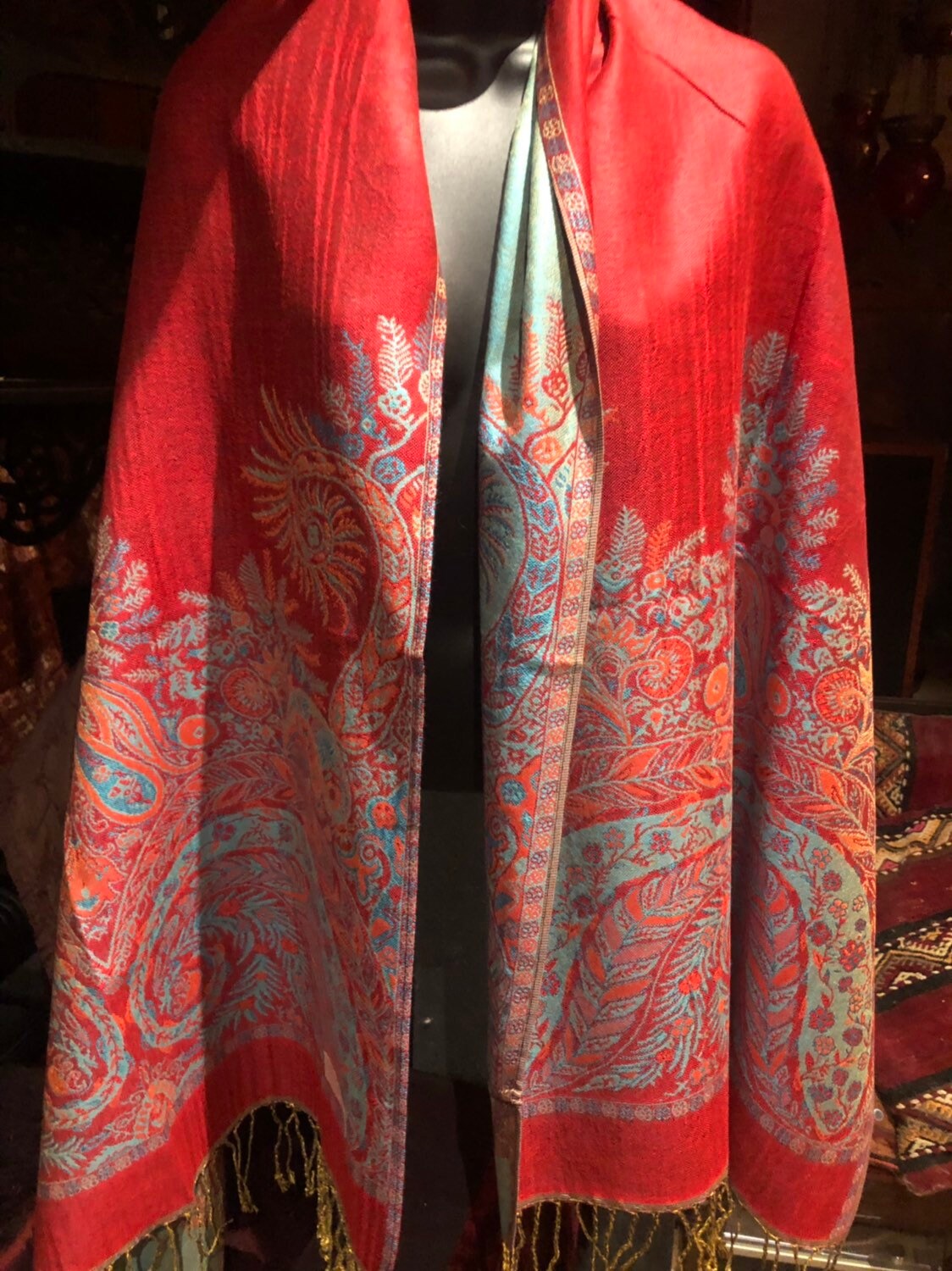 Red Vintage Paisley Brocade Pashmina Scarf Wrap
