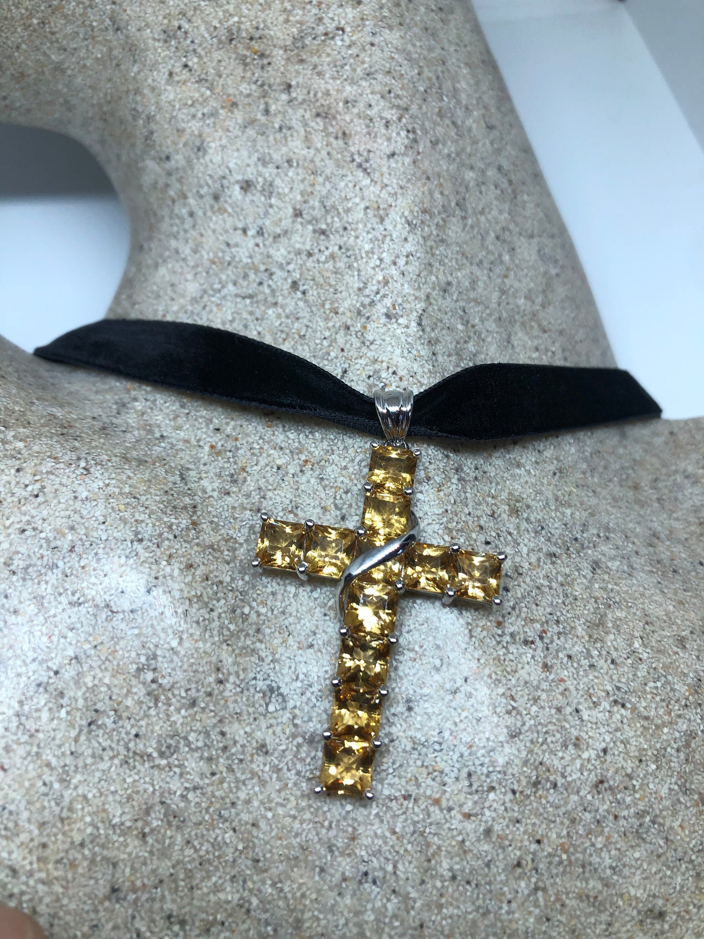 Vintage Gold Citrine Cross 925 Sterling Silver Golden Citrine Pendant