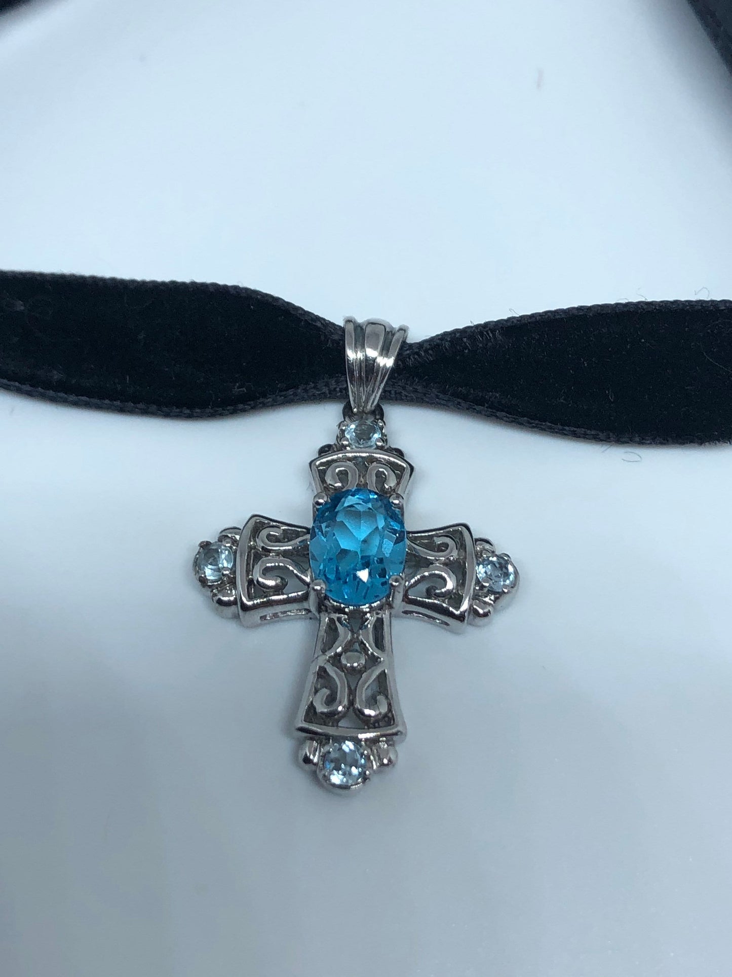 Vintage Genuine Blue Topaz Cross Choker Necklace 925 Sterling Silver Pendant