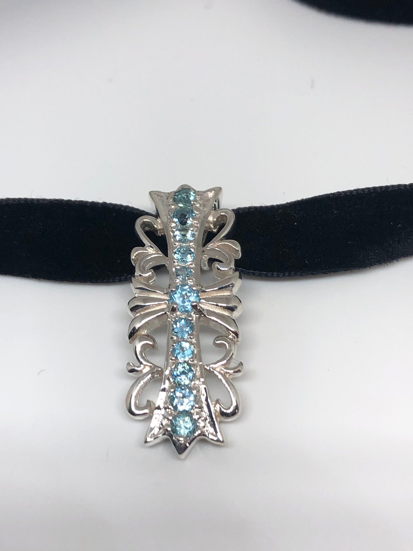 Vintage Genuine Blue Topaz Cross Choker Necklace 925 Sterling Silver Pendant