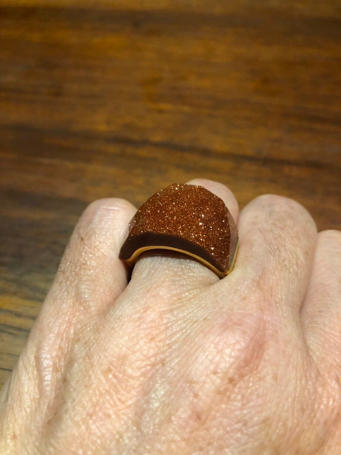 Vintage Handmade Deep Gold Sandstone Setting Silver Ring