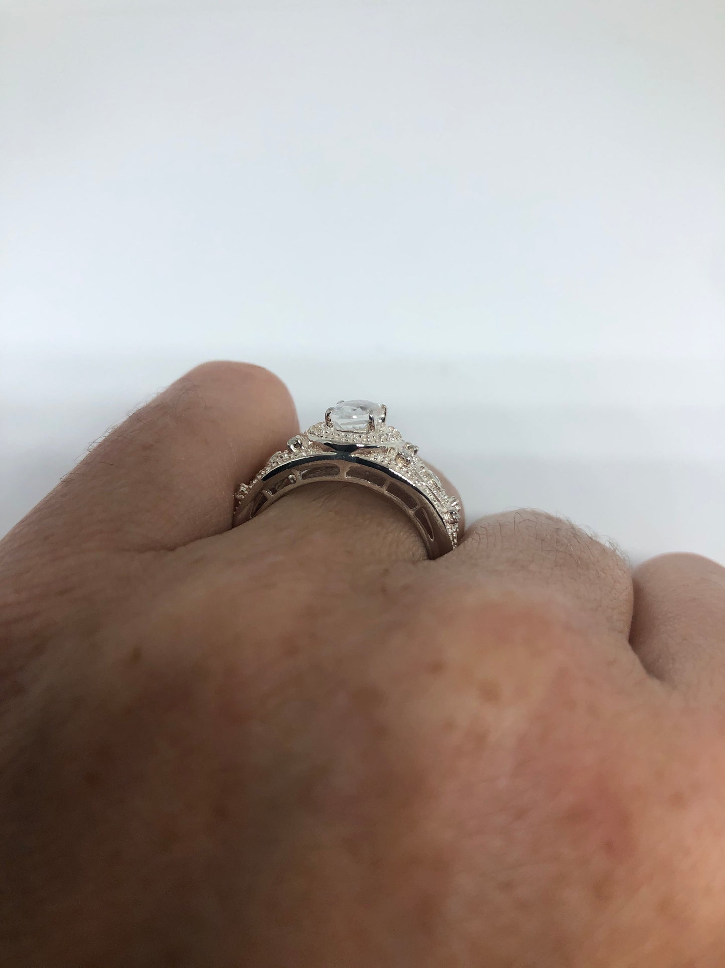 Vintage Clear White Sapphire 925 Sterling Silver Cocktail Ring