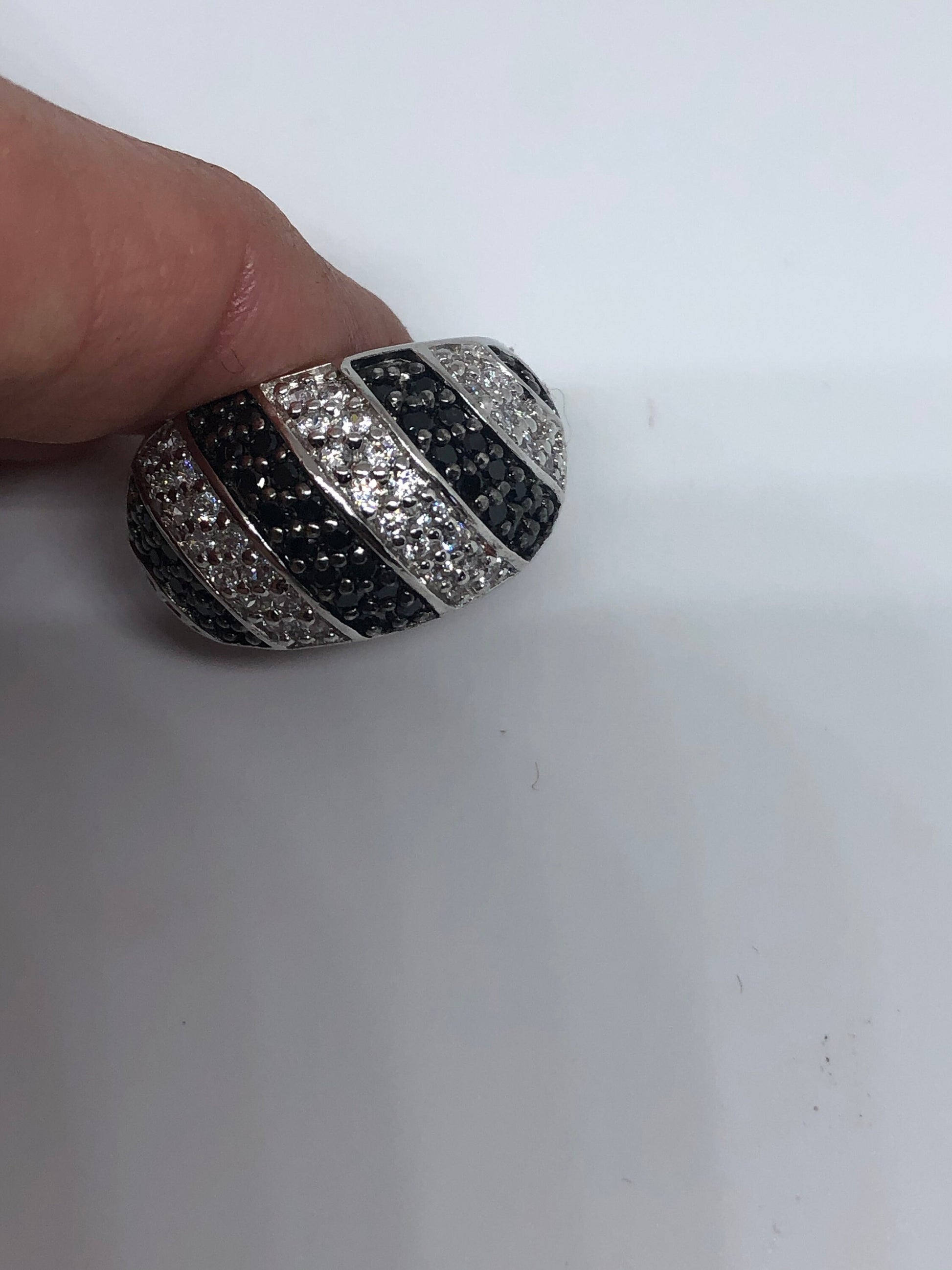 Vintage Clear White and Black Sapphire 925 Sterling Silver Cocktail Ring Size 6.5