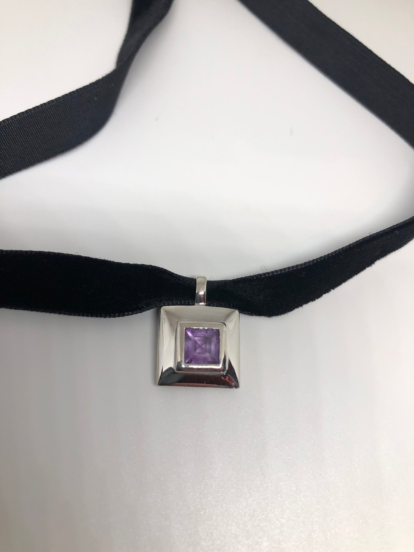 Vintage Handmade 925 Sterling Silver Genuine Amethyst Choker Antique Pendant Necklace