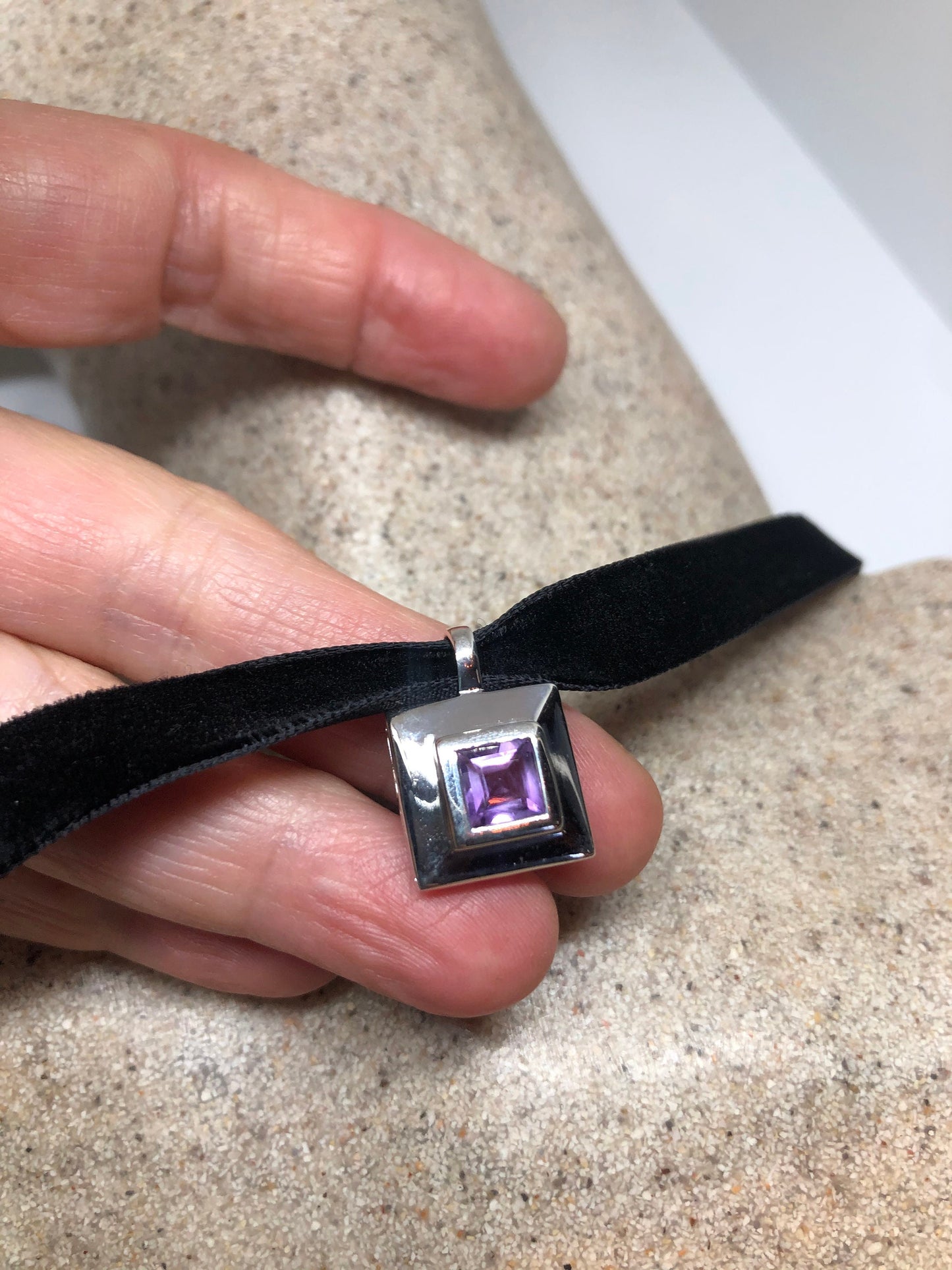 Vintage Handmade 925 Sterling Silver Genuine Amethyst Choker Antique Pendant Necklace