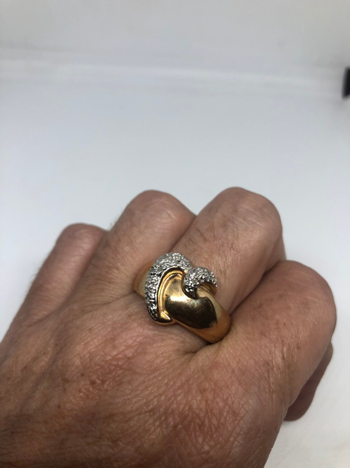 Vintage Handmade diamond chip Heart Golden 925 Sterling Silver Ring