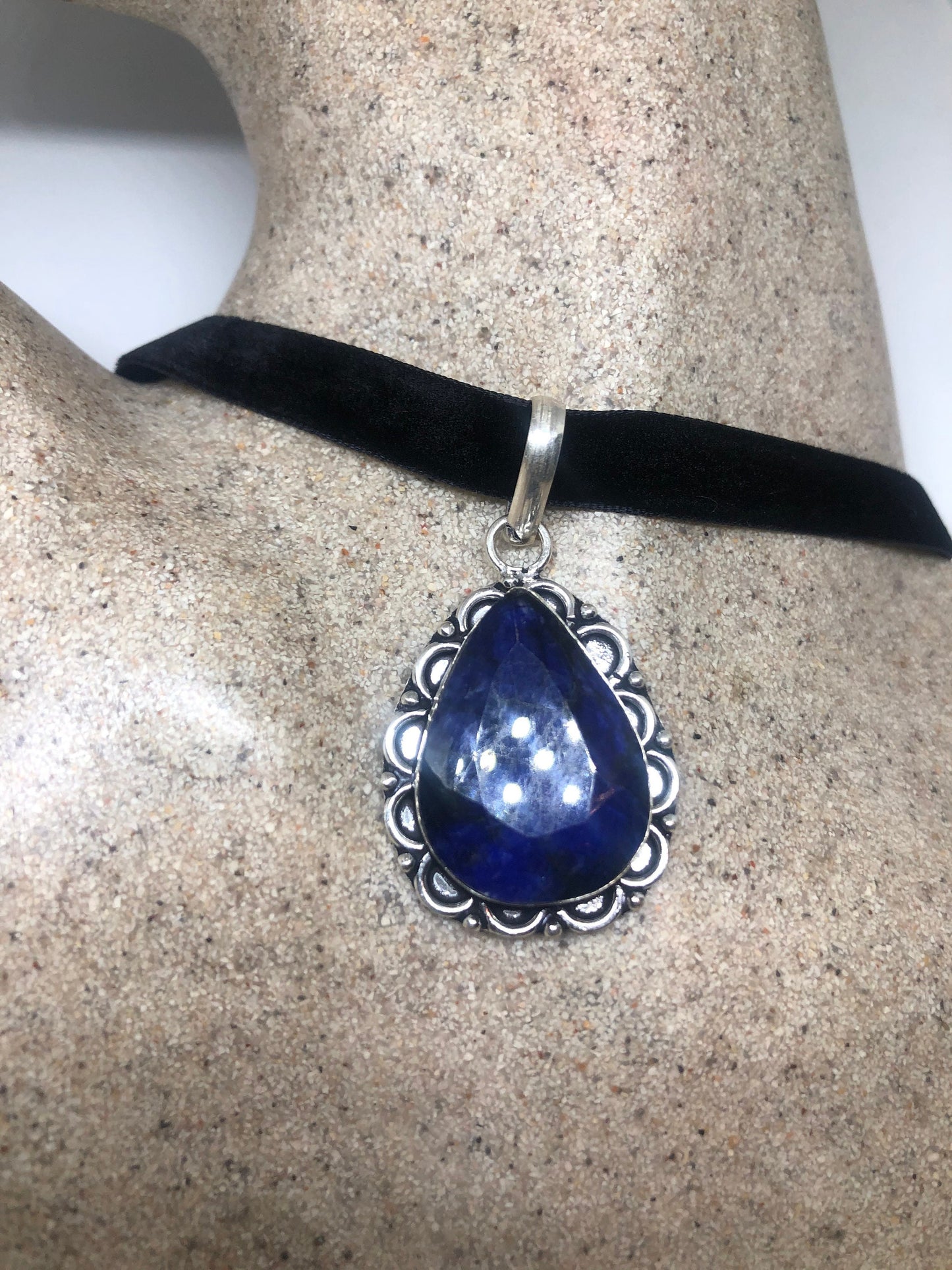 Vintage Tibetan Blue Lapis Lazuli Boho Choker Black Velevet Ribbon Necklace.