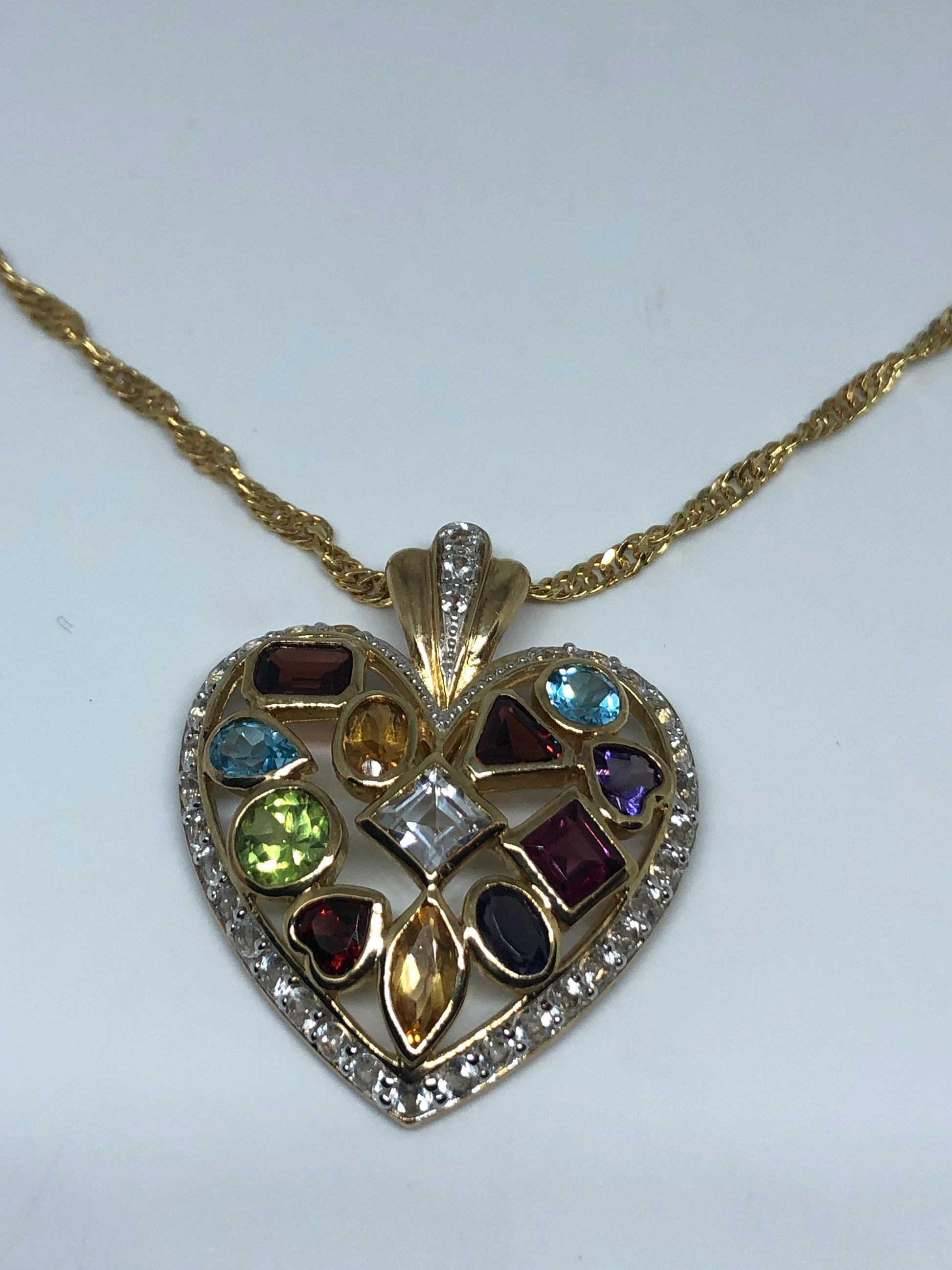 Vintage Heart Choker Golden 925 Sterling Silver Genuine Gemstone Antique Pendant Necklace