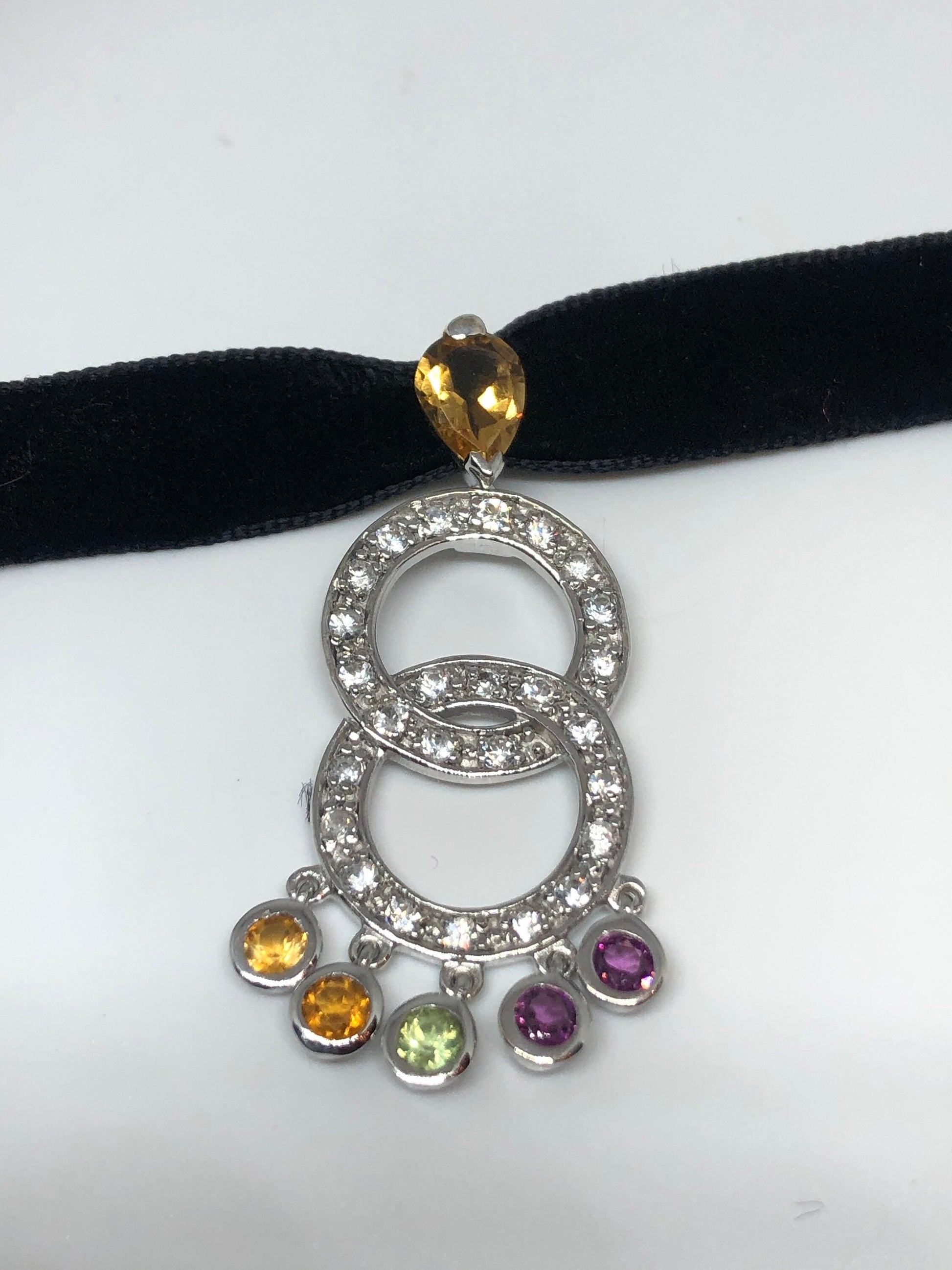 Vintage 925 Sterling Silver Genuine Garnet Mixed Gemstone and Citrine Antique Pendant Necklace