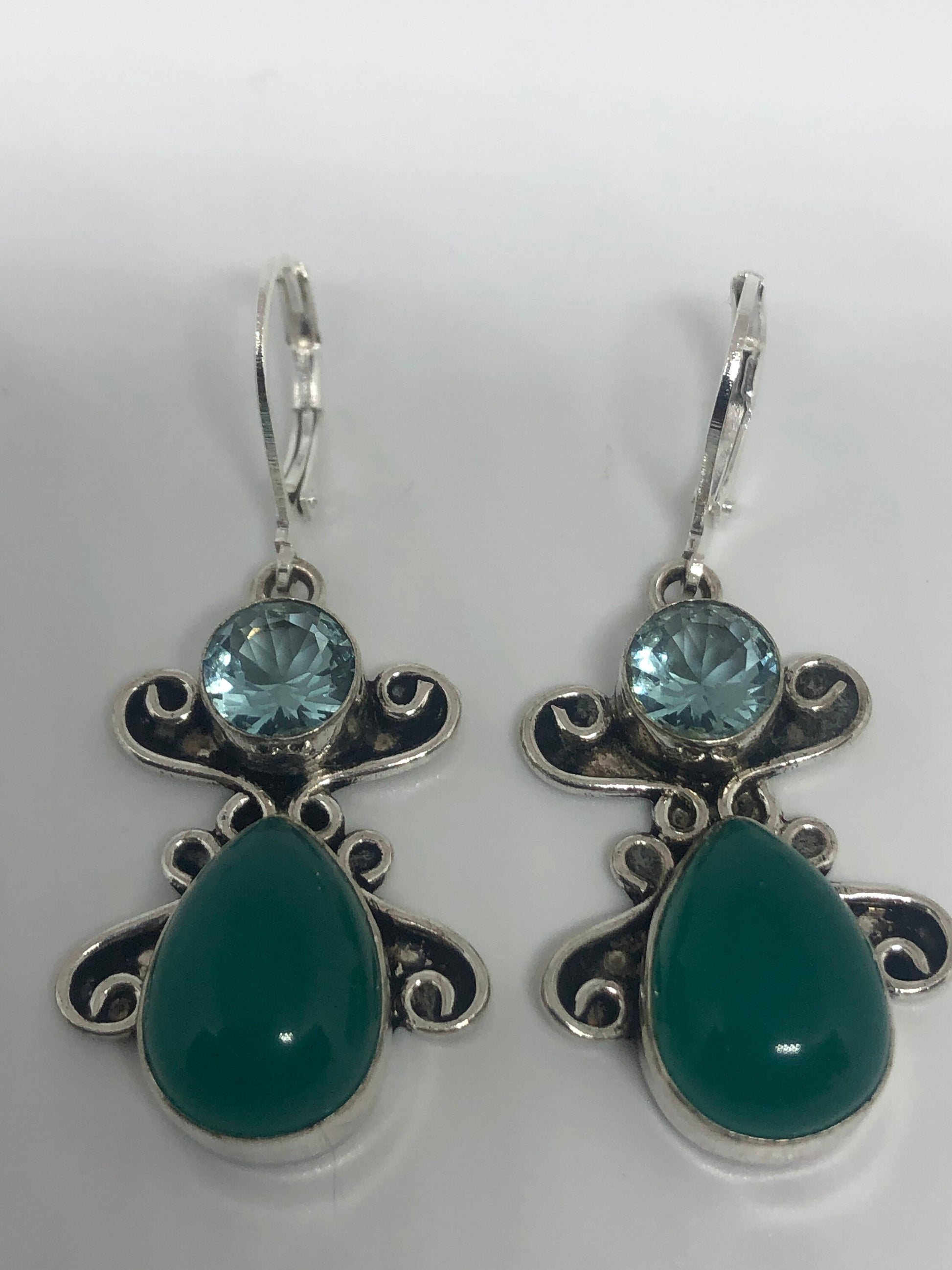 Antique Vintage Green Chrysoprase Silver Dangle Earrings