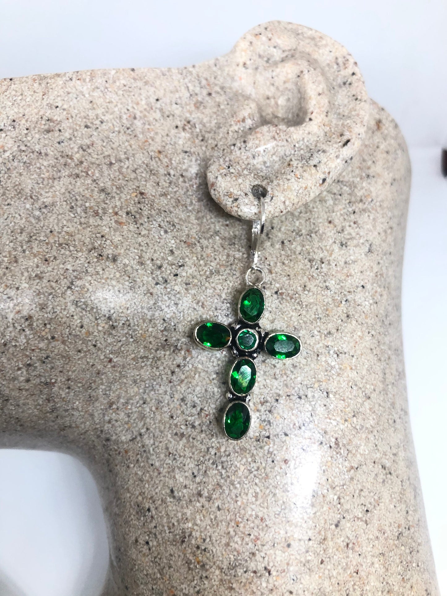 Vintage Green Glass Cross 925 Sterling Silver LeverBack