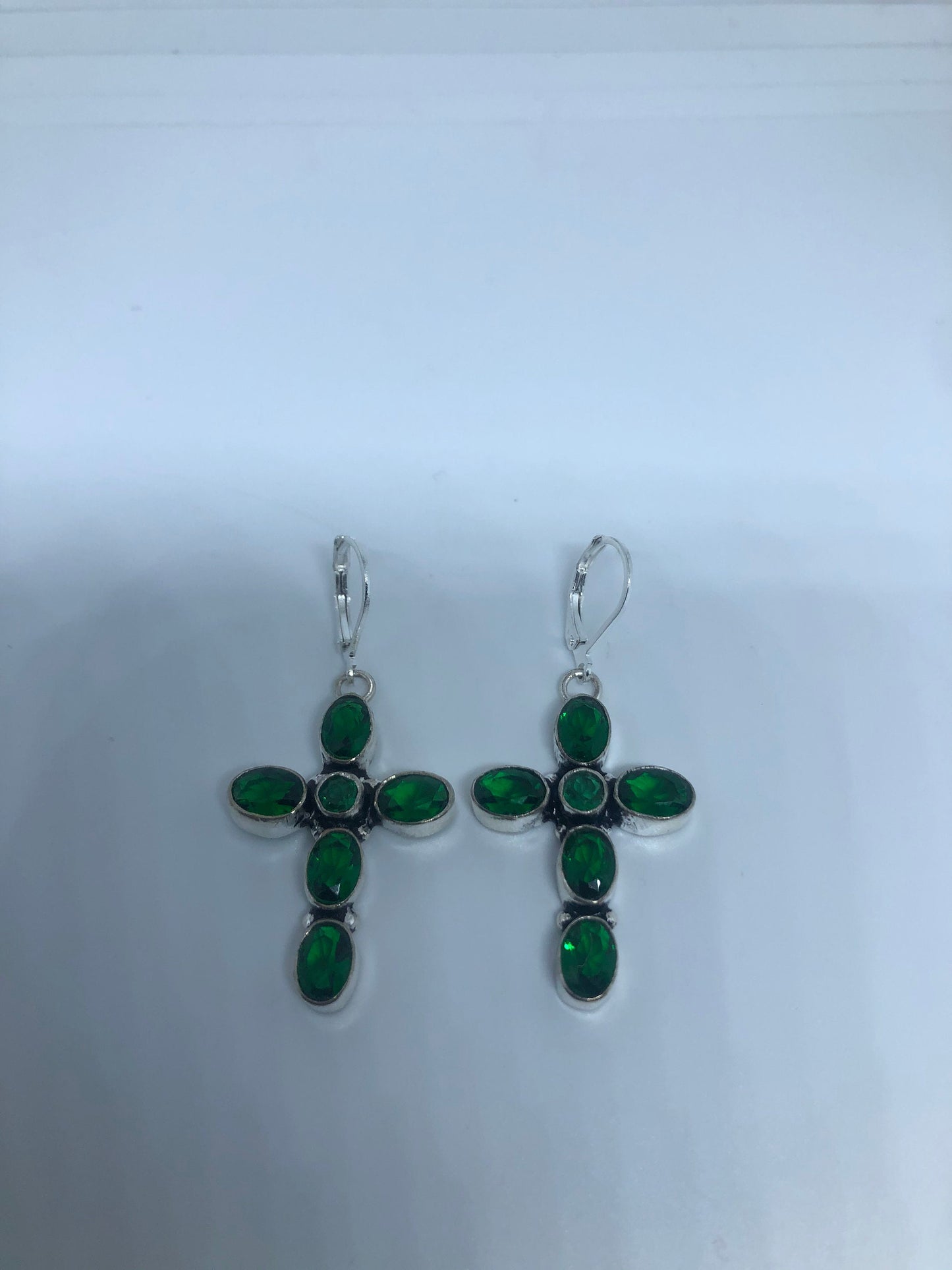 Vintage Green Glass Cross 925 Sterling Silver LeverBack