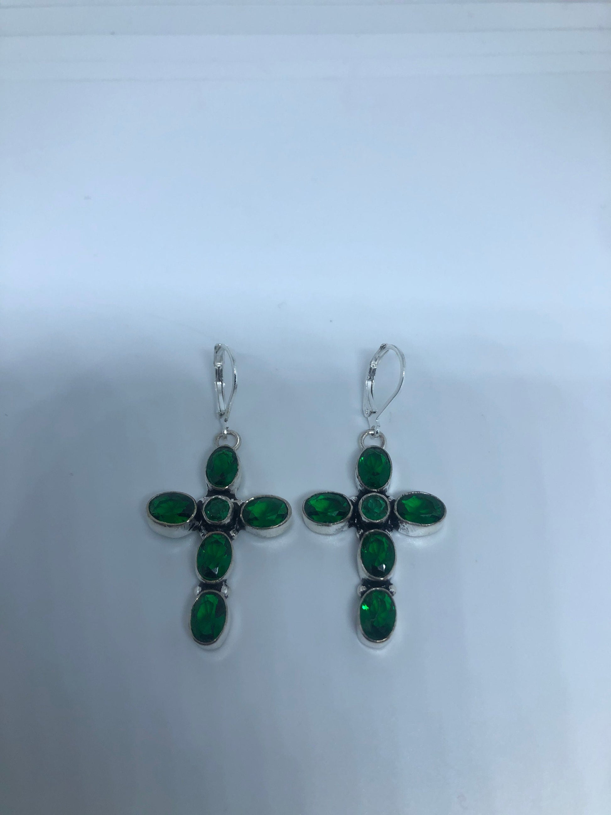 Vintage Green Glass Cross 925 Sterling Silver LeverBack