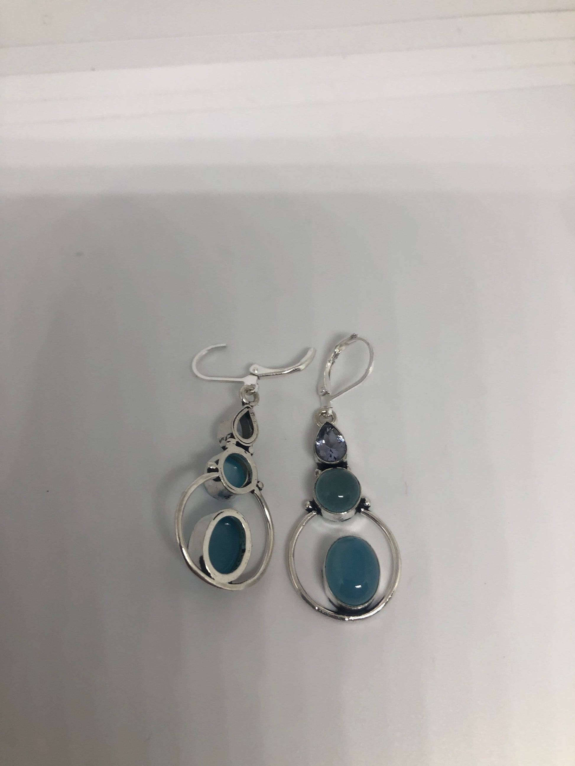 Vintage Genuine Blue Chalcedony Gemstone Filigree Sterling Silver Lever Back Chandelier Earrings