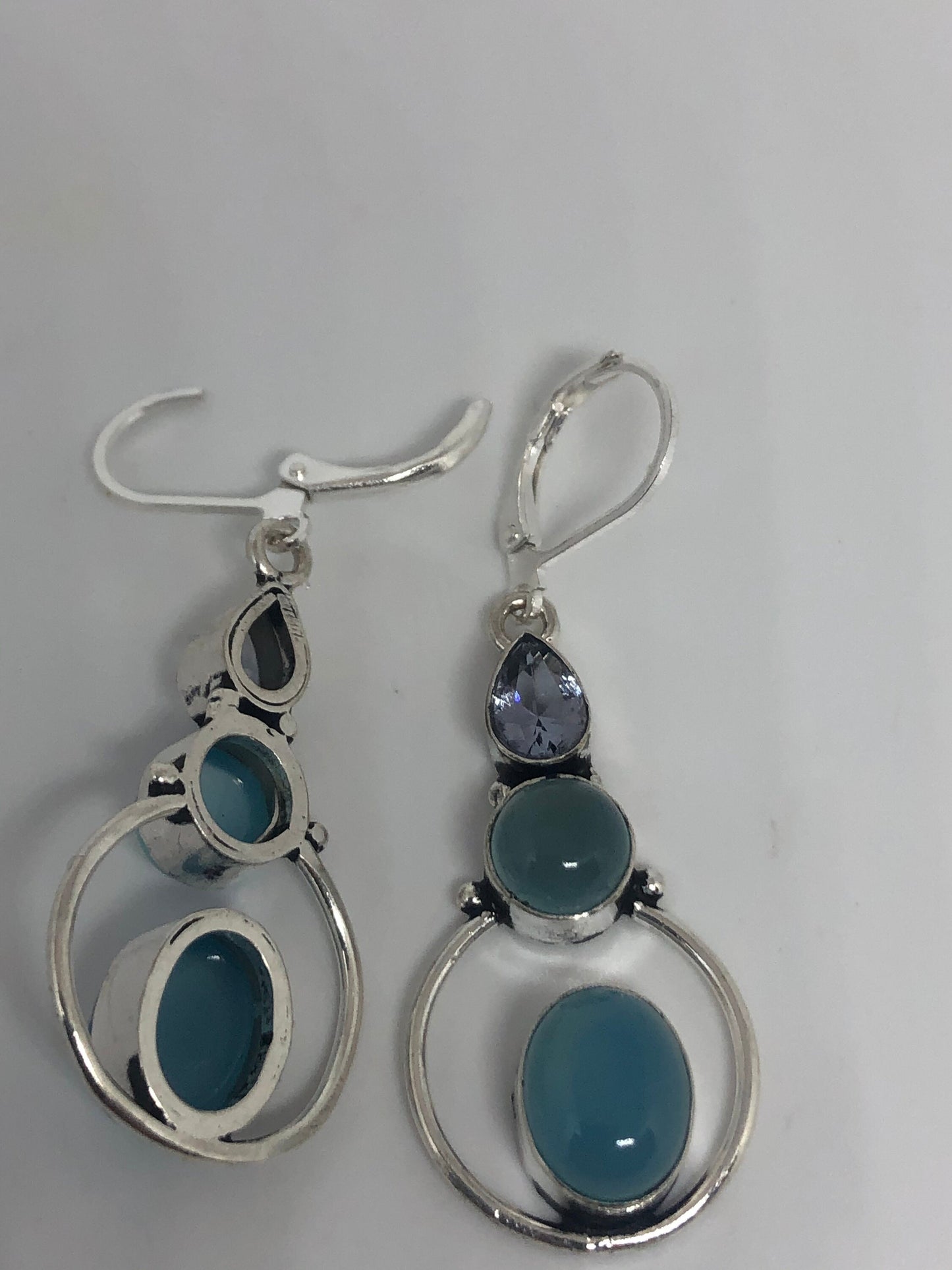 Vintage Genuine Blue Chalcedony Gemstone Filigree Sterling Silver Lever Back Chandelier Earrings