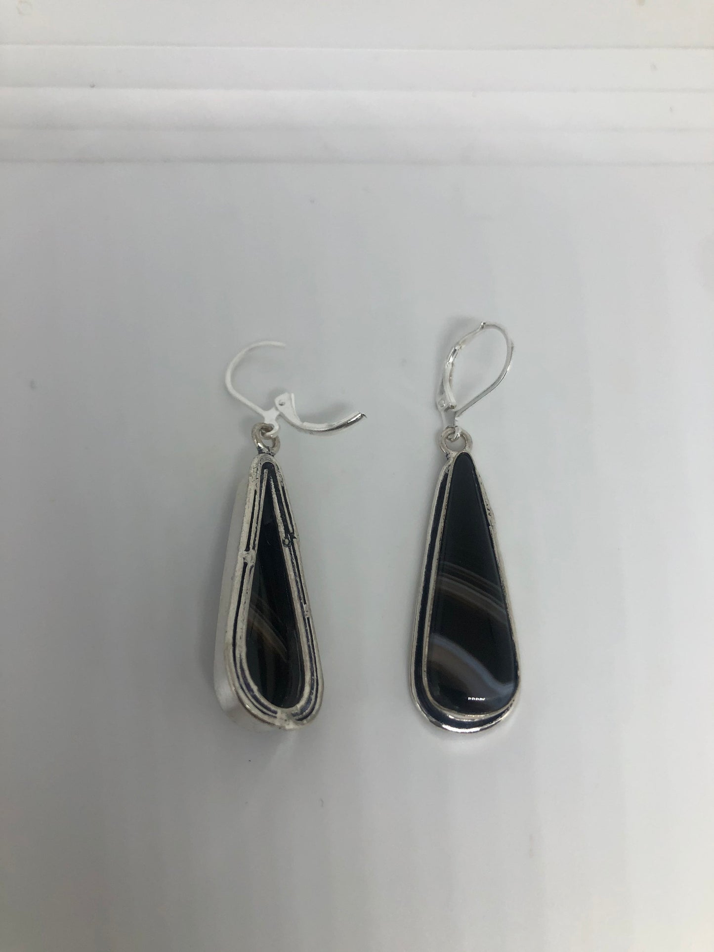 Vintage Black Onyx Agate Earrings 925 Sterling Silver Deco Dangle Chandelier