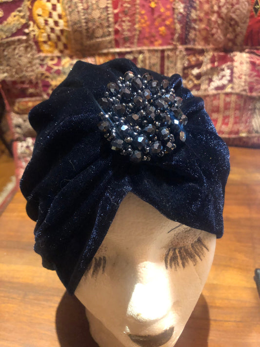 Vintage Blue Stretch Velvet Deco Turban Hat