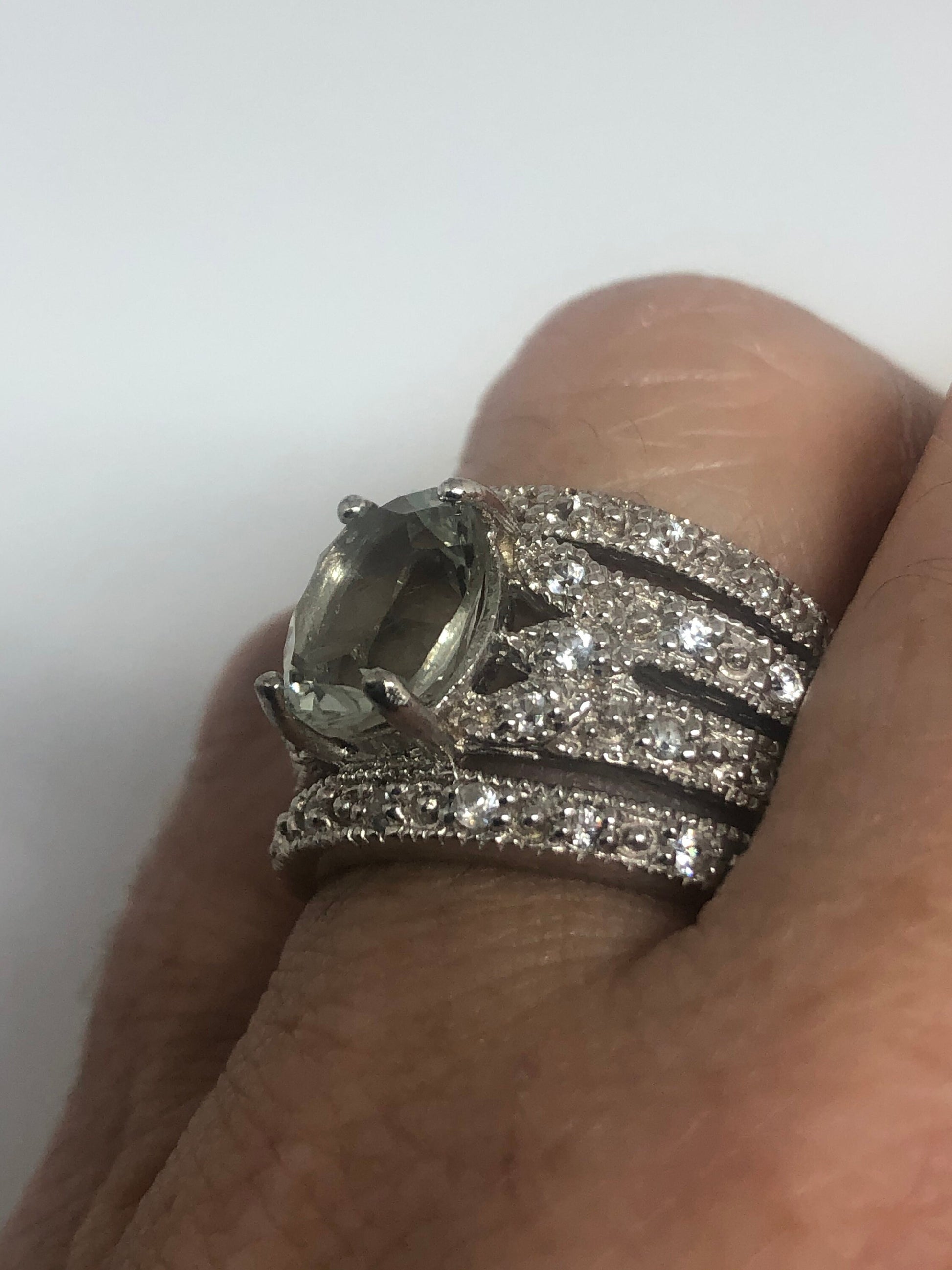 Vintage Green Amethyst White Sapphire Sterling Silver Gothic Ring